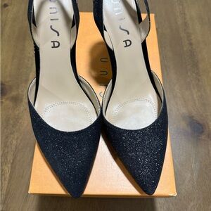 Unisa Black Glitter Pointed Toe Slingback Heels